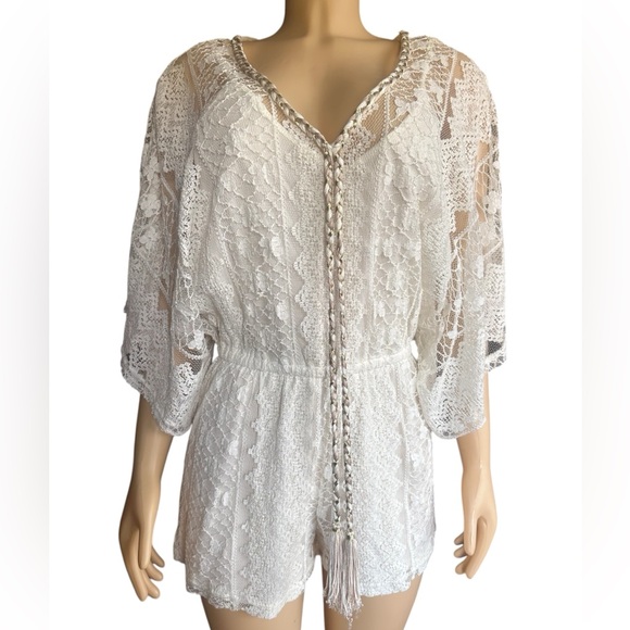Venus Off White Lace Braided Rope Tassel V Neck Romper Shorts with Keyhole Back - Picture 1 of 10